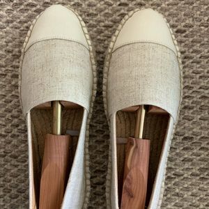 J Crew Flat Espadrilles in a Beige and Gold Woven Canvas Fabric